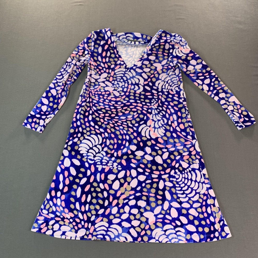 Lilly Pulitzer Velour Shift Dress Womens XXS Blue Geometric V-Neck Long Sleeve - Picture 8 of 14